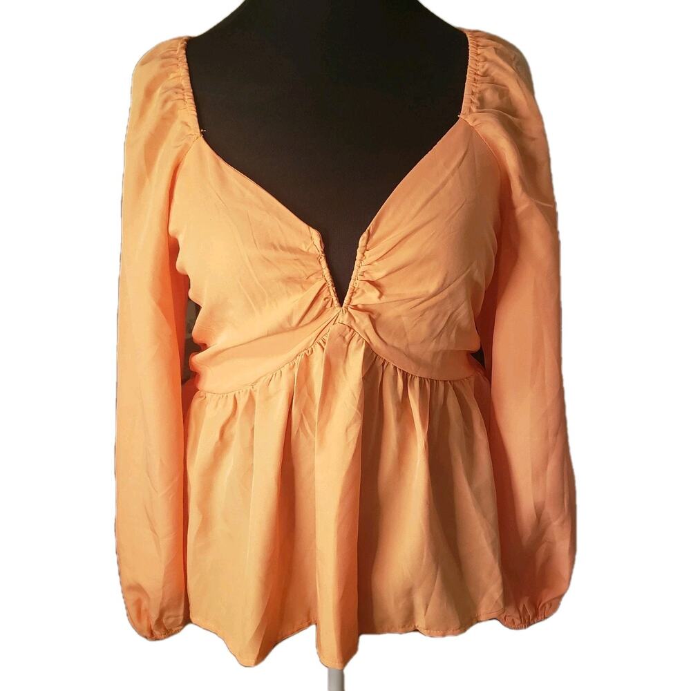 0X Babydoll Peplum Top Orange Cream Balloon Sleeve V-Notch Peasant Boho 14 / 16